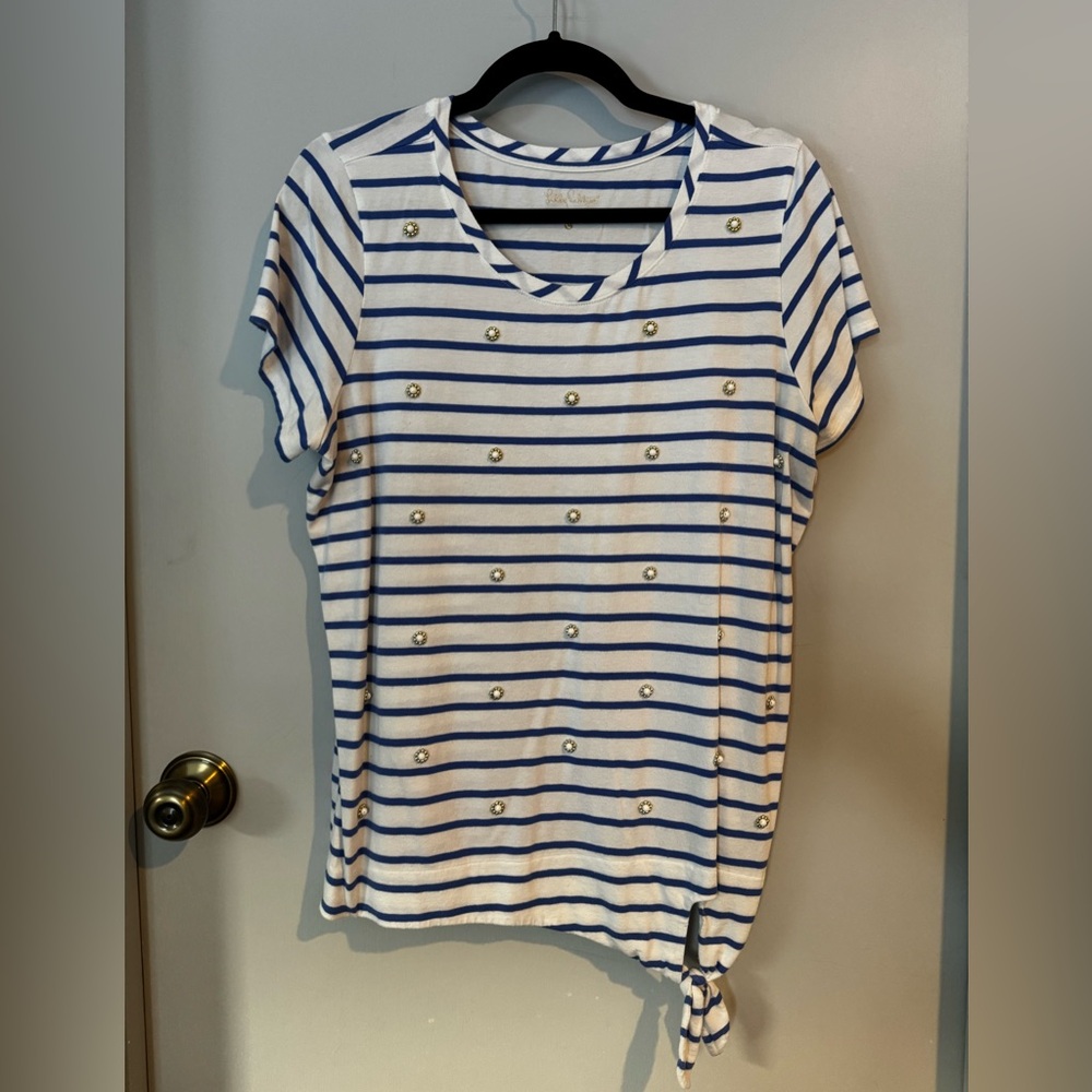 Lilly Pulitzer Blue and White Striped Tee with Beading Accents Sz XL